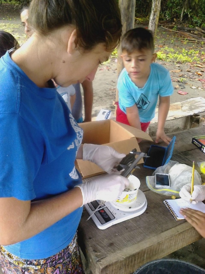 Barbara measuring a baby turtle